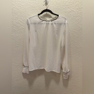 European Women’s White Long-Sleeve Blouse with Black Trim